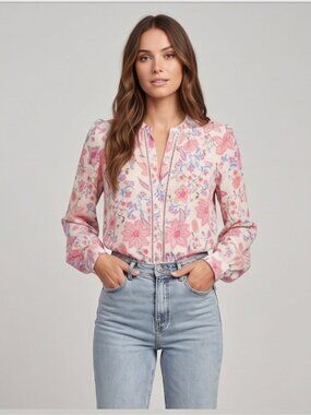 Bohemian Floral V-Neck Button-Down Blouse with Ladder Lace Detail